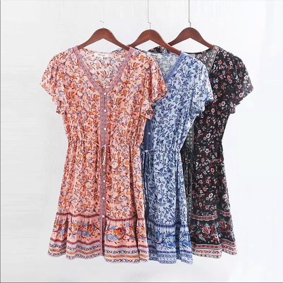 Boho Floral Gypsy Print Button Up Blue Dress - Picture 5 of 6